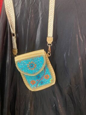 Turquoise Beaded Mini Crossbody Bag with Floral Motif